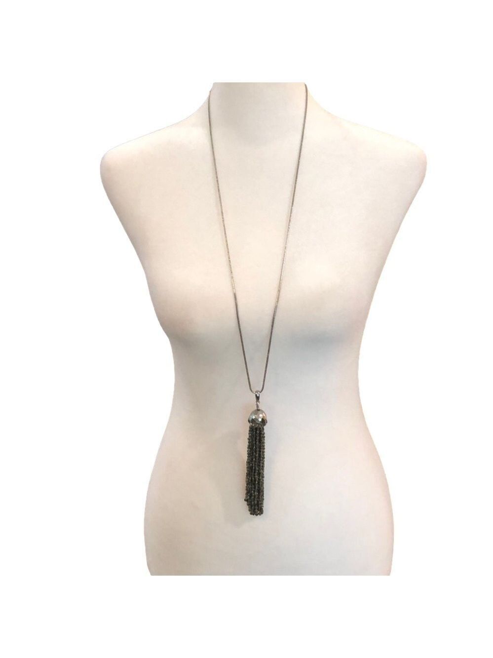 CHICO’S silver tone snake chain with 5” bead tassel 32” chain 4” extender